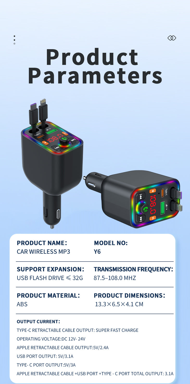 120W TurboCharge™ Retractable Car Charger – Digital Display + MP3/FM Transmitter + Bt Handsfree Car Kit PD QC Car Charger Y6 | Ultra‑Fast 4‑in‑1 Charging Power Station