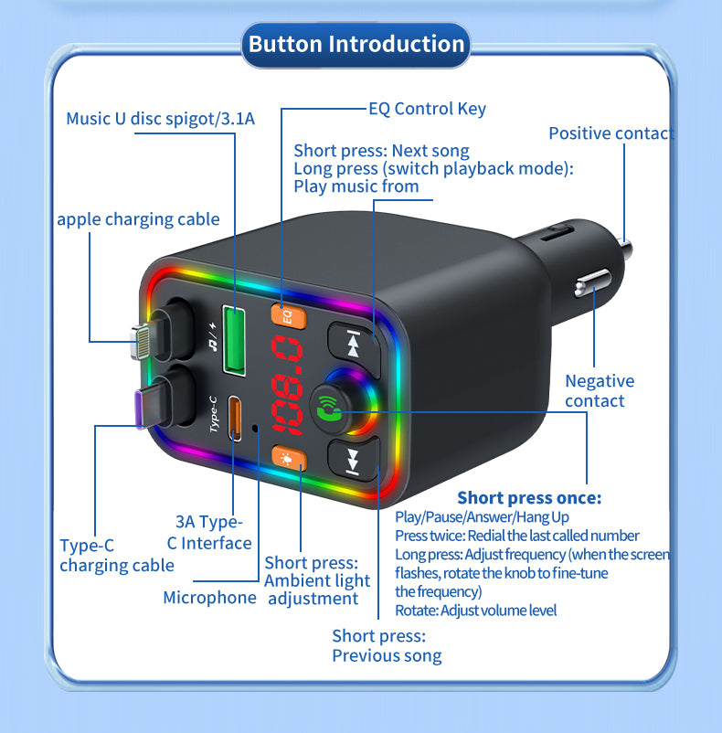 120W TurboCharge™ Retractable Car Charger – Digital Display + MP3/FM Transmitter + Bt Handsfree Car Kit PD QC Car Charger Y6 | Ultra‑Fast 4‑in‑1 Charging Power Station