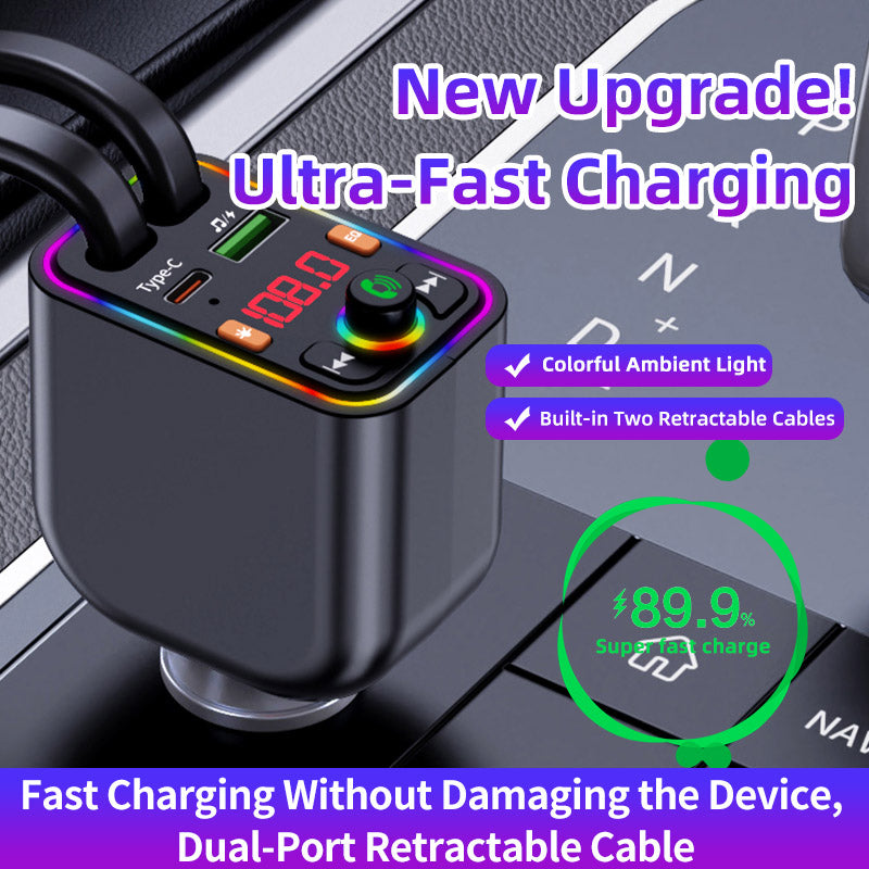 120W TurboCharge™ Retractable Car Charger – Digital Display + MP3/FM Transmitter + Bt Handsfree Car Kit PD QC Car Charger Y6 | Ultra‑Fast 4‑in‑1 Charging Power Station