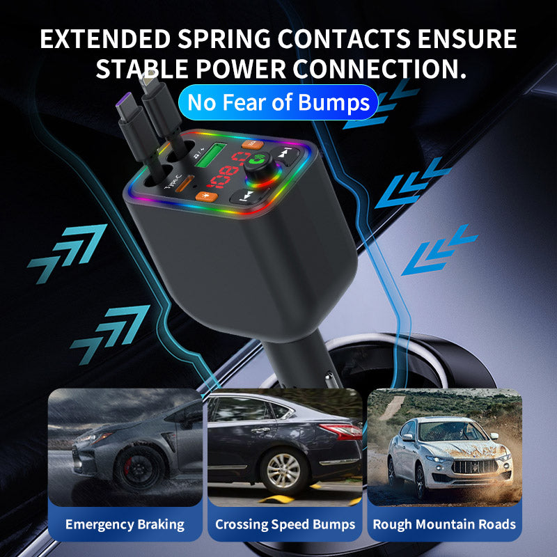 120W TurboCharge™ Retractable Car Charger – Digital Display + MP3/FM Transmitter + Bt Handsfree Car Kit PD QC Car Charger Y6 | Ultra‑Fast 4‑in‑1 Charging Power Station