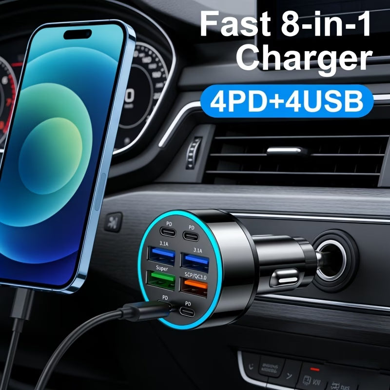 100W 8-Port Fast Charging Car Charger – 4x USB-C PD & 4x USB-A, 12/24V Compatible