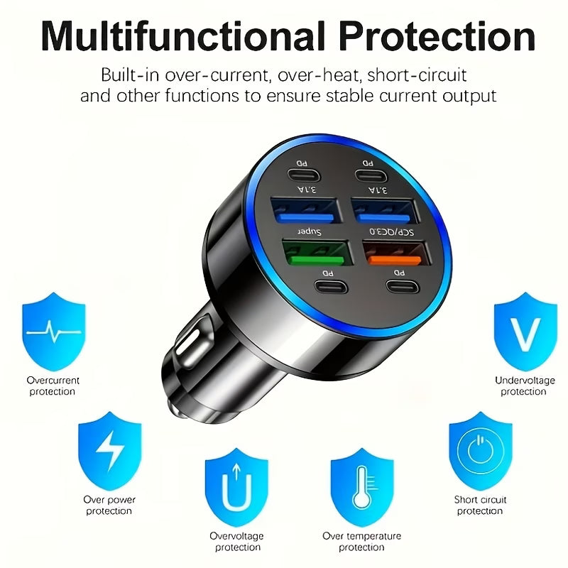 100W 8-Port Fast Charging Car Charger – 4x USB-C PD & 4x USB-A, 12/24V Compatible