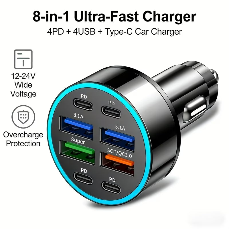 100W 8-Port Fast Charging Car Charger – 4x USB-C PD & 4x USB-A, 12/24V Compatible