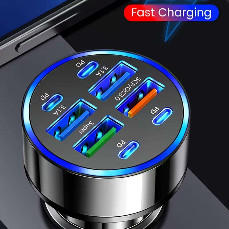 100W 8-Port Fast Charging Car Charger – 4x USB-C PD & 4x USB-A, 12/24V Compatible
