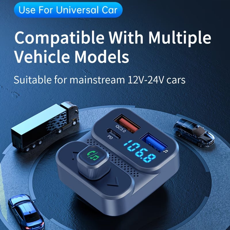 Bluetooth 5.3 Car FM Transmitter – QC3.0 Fast Charging, Hands-Free Calling & Digital Display