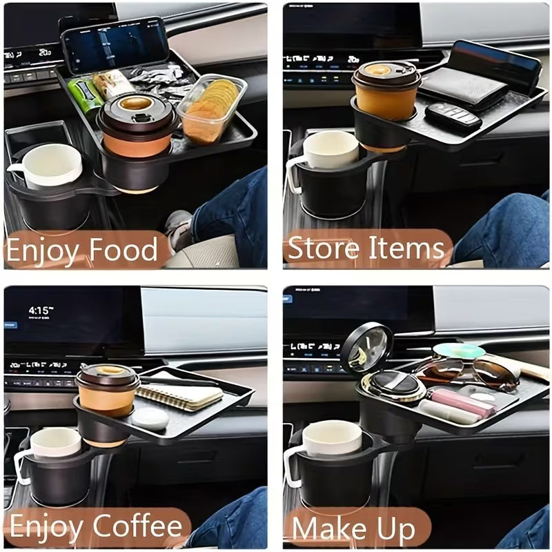 360° Rotating Car Cup Holder Tray with Phone Slot & Console Organizer