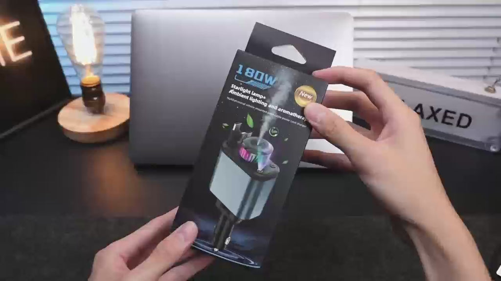 C7 Starry Sky Aromatherapy Car Charger — 180W 4-in-1 Retractable Fast Charger with LED Galaxy Lights & Dual USB / Type-C Ports