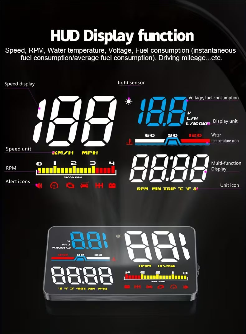 LuxDrive HUD Pro — OBD2 Head-Up Display Smart Driving Computer with Speed, Fuel & Temperature Display