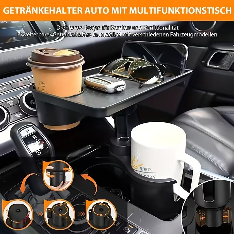 360° Rotating Car Cup Holder Tray with Phone Slot & Console Organizer